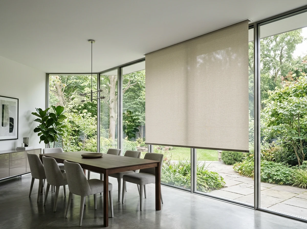 Fabric blind dropping from a slim recessed ceiling slot above a full-height glass wall in a Hyde Park home, no visible headrail
