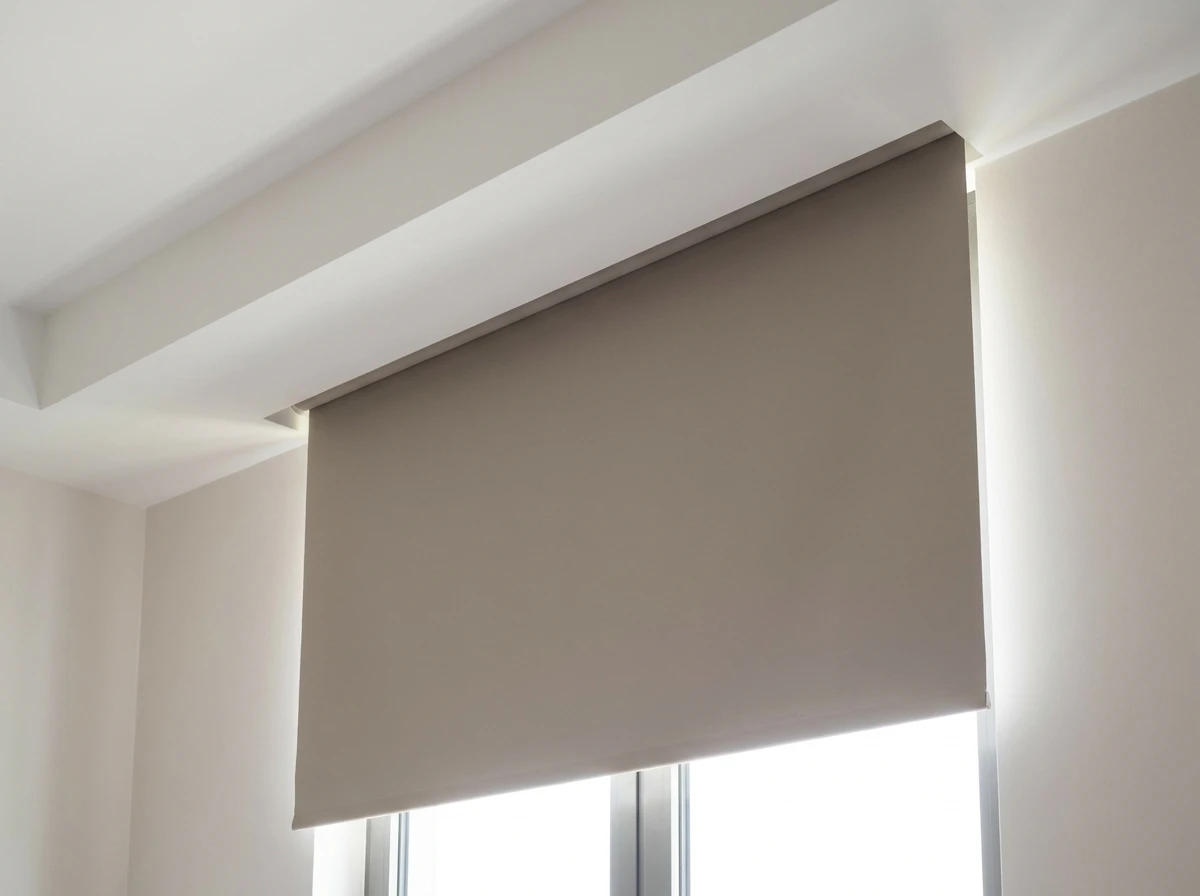 Single flat taupe blind fabric dropping smoothly from a concealed ceiling bulkhead recess above a bedroom window in an Atholl cluster, no visible hardware