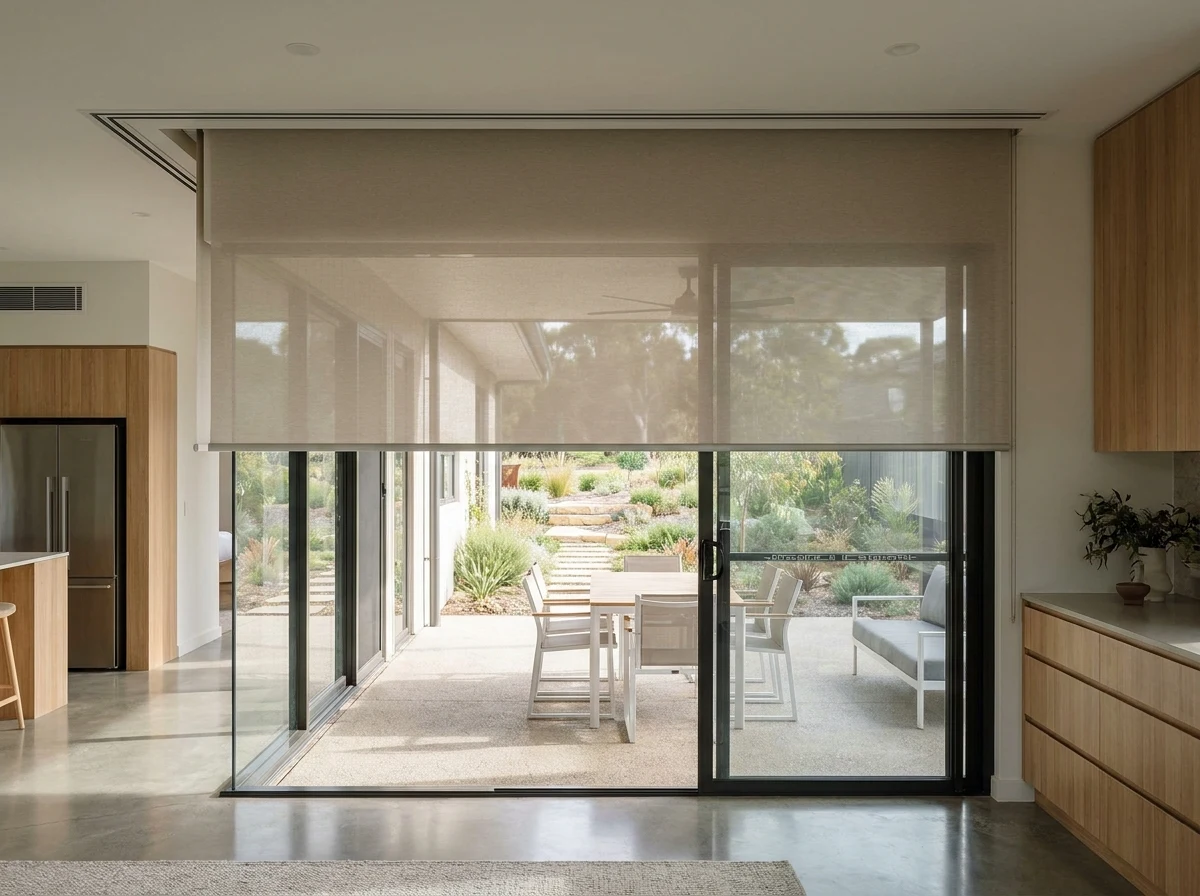 Recessed ceiling pelmet with blind fabric partly lowered over a wide sliding door onto a covered Atholl patio