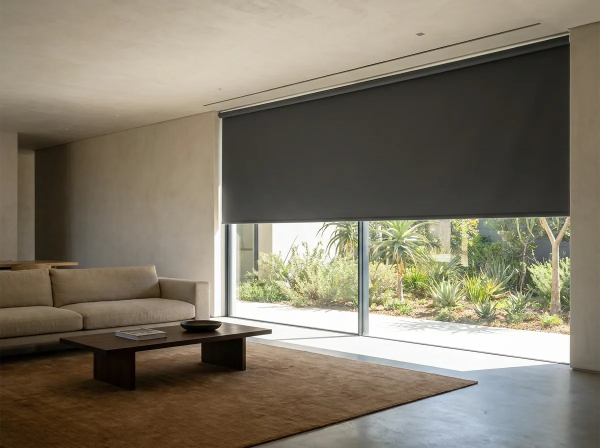 A flat blockout blind dropping from a slim recessed slot in the plastered ceiling of a minimalist living room, half lowered across floor-to-ceiling glazing with no visible headrail or brackets