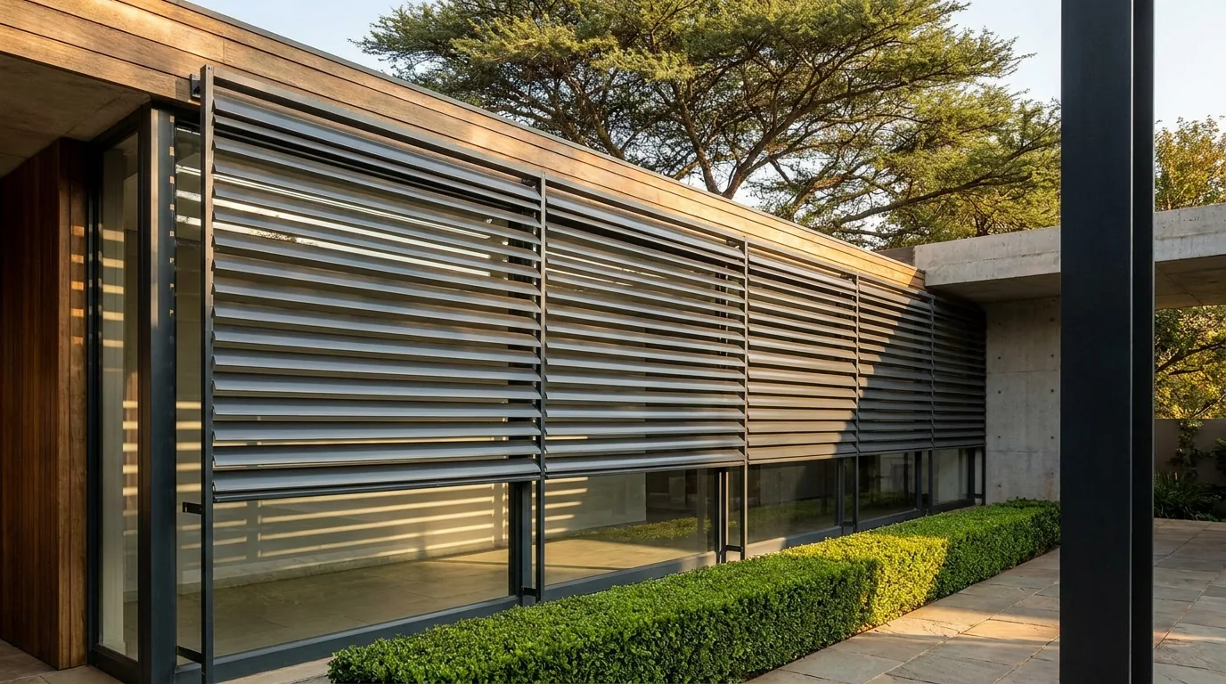 External venetian blinds mounted outside a contemporary home's floor-to-ceiling glazing, their wide aluminium slats held in slim vertical side guides and tilted to throw shade across the glass before the low afternoon sun reaches it