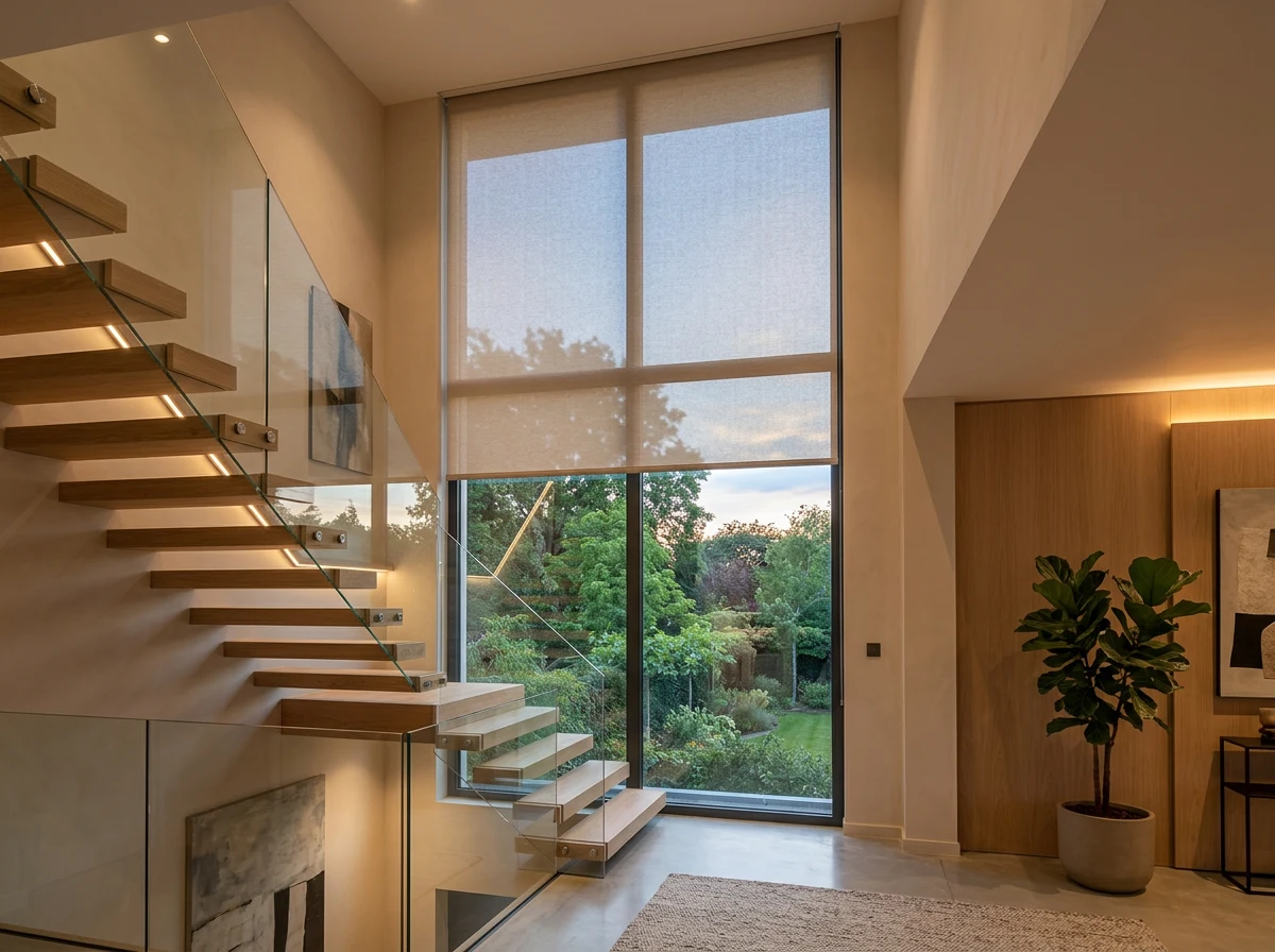 Motorised roller blind gliding closed across a tall stairwell void window in a Sandhurst home, no visible cord or chain