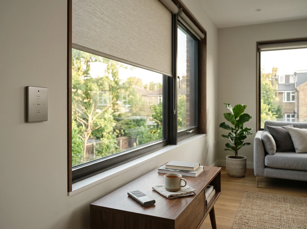 Wall-mounted blind control panel and remote beside a motorised roller blind lowered halfway across a Morningside living-room window