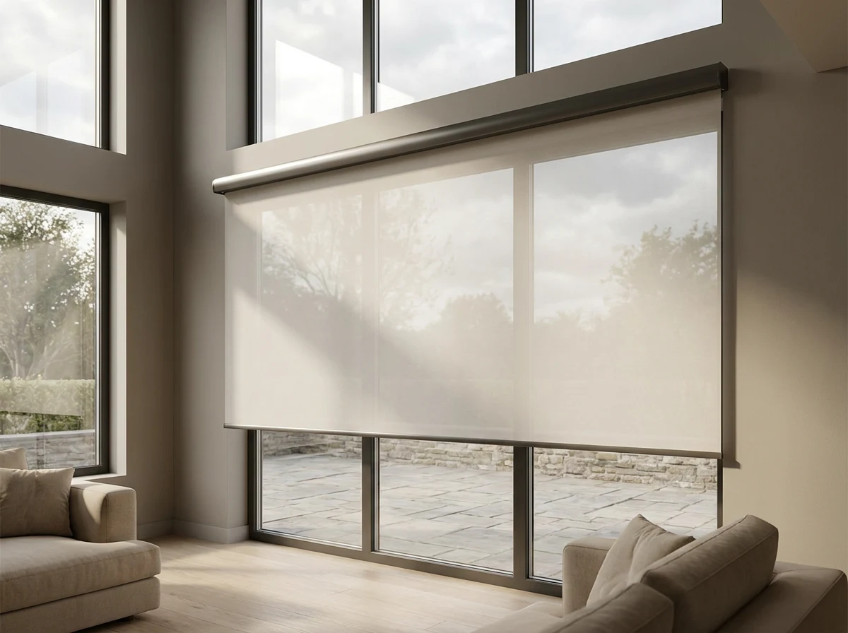 Motorised blind headrail mounted high on a double-volume glazed wall in a Sandhurst home, clean cordless lines