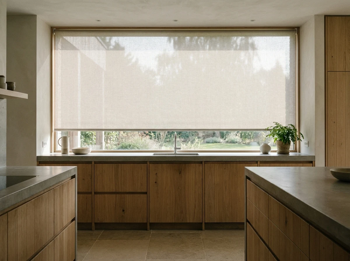 Sunscreen roller blind fully lowered across a kitchen window in a Morningside home, soft diffused daylight through the fabric