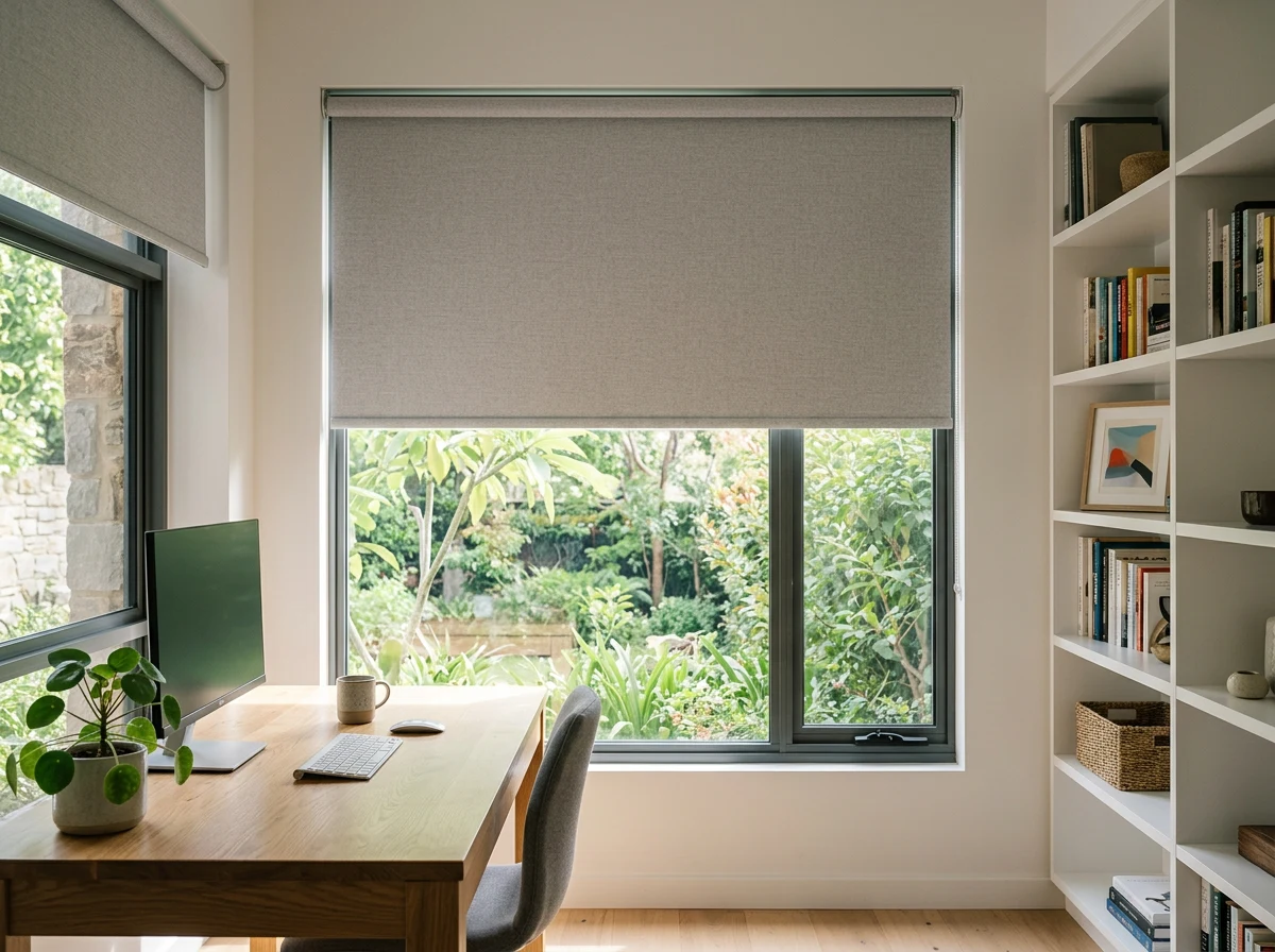 Blockout roller blind three-quarters raised across a home office window in an Atholl home, soft morning light spilling in below