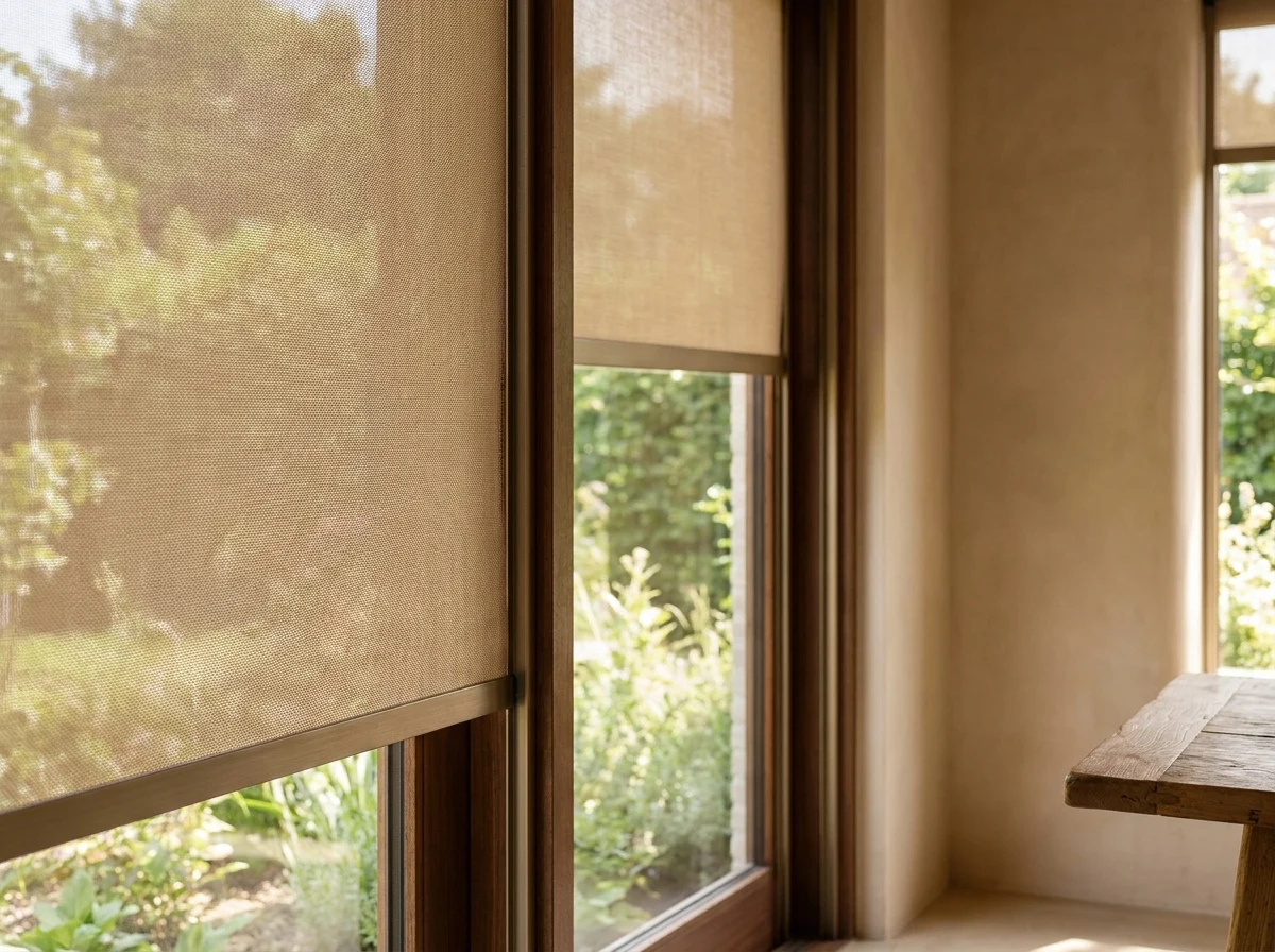 Close-angle view of a sunscreen roller blind fabric edge beside a Hyde Park dining-room window, garden greenery visible through the mesh