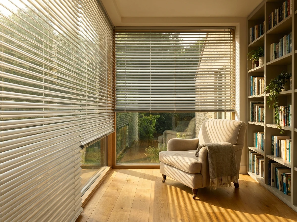 Aluminium venetian blind tilted half-open across a corner window in a bright Melrose reading nook, dappled sunlight on the floor
