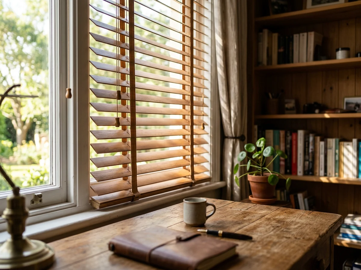 Timber venetian blind slats angled to filter light across a Melrose study window, warm wood tones