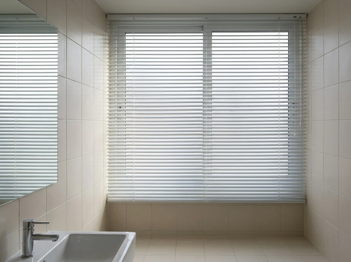 Aluminium venetian blind fully closed across a bathroom window in a Melrose home, soft even light diffusing through the slats