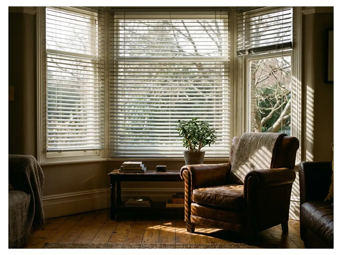 Aluminium venetian blind tilted to filter dappled afternoon light through a Melrose bay window
